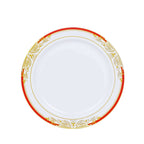 10 - Pack Plastic 8" Round Dessert Plates in White with Red Rim - Stylish Gold Vine Design Disposable Salad/Appetizer Plates for Special Occasions & Celebrations - Bell Racket Store
