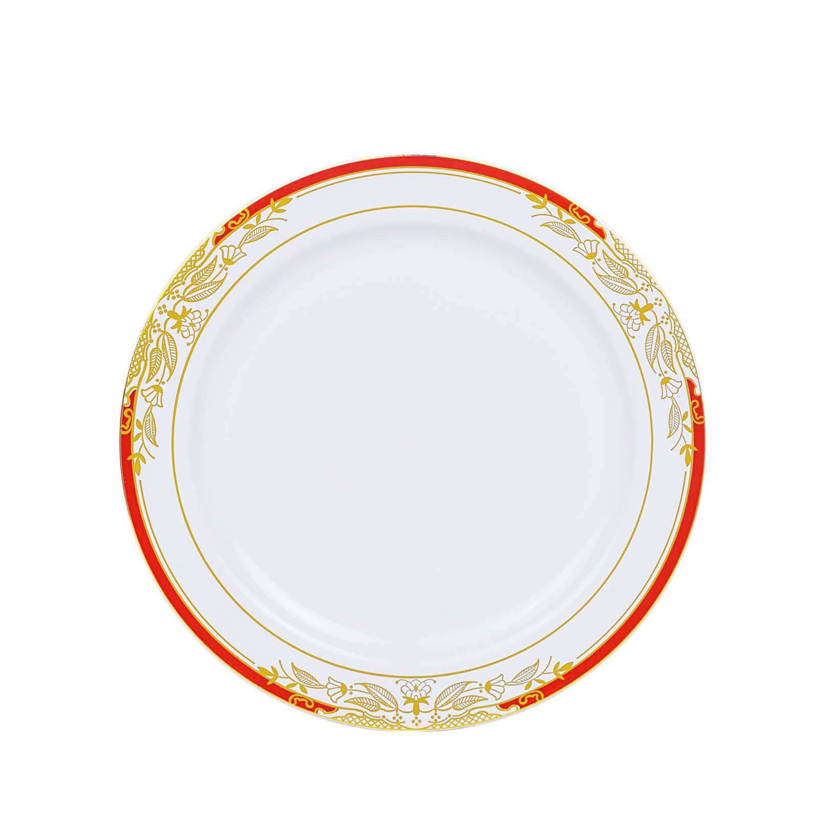 10 - Pack Plastic 8" Round Dessert Plates in White with Red Rim - Stylish Gold Vine Design Disposable Salad/Appetizer Plates for Special Occasions & Celebrations - Bell Racket Store