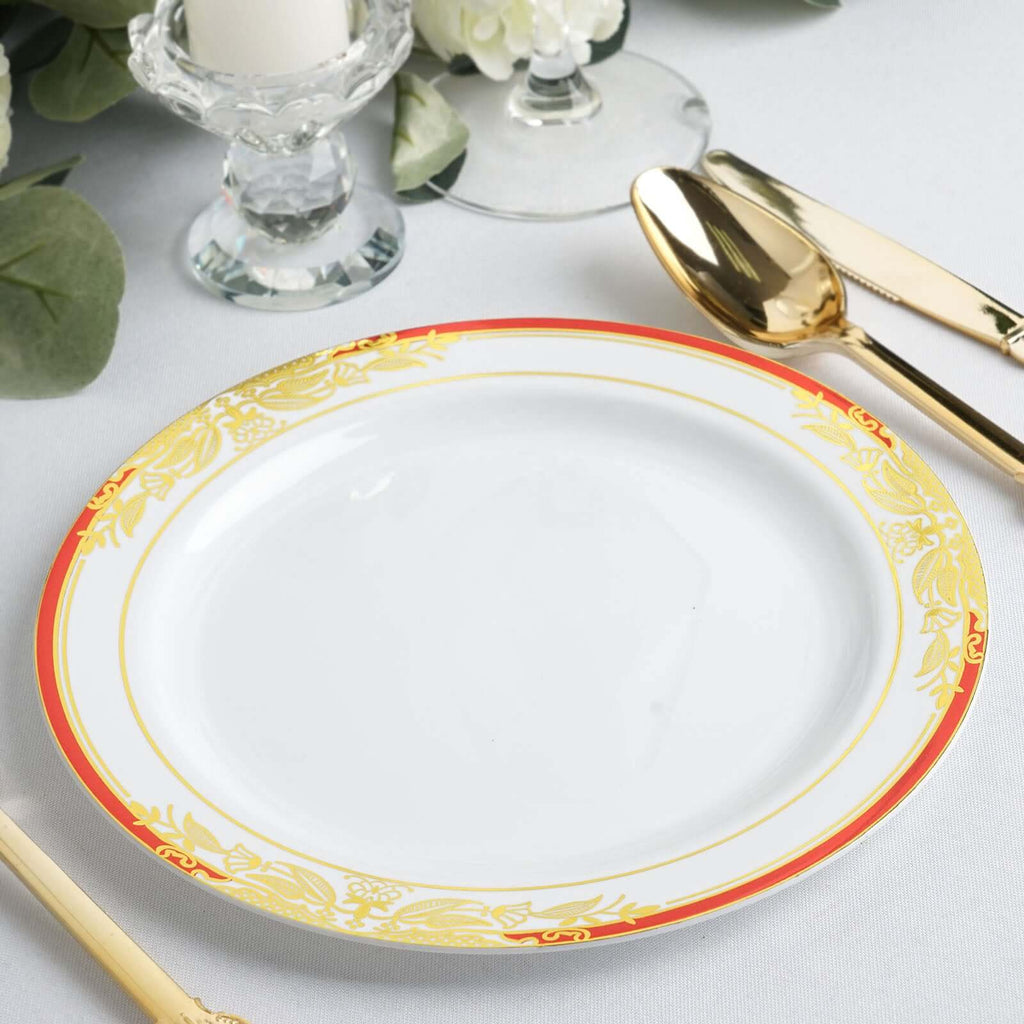 10 - Pack Plastic 8" Round Dessert Plates in White with Red Rim - Stylish Gold Vine Design Disposable Salad/Appetizer Plates for Special Occasions & Celebrations - Bell Racket Store