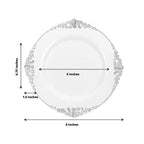 10 - Pack Plastic 8" Round Dessert Plates in White with Silver Leaf Embossed Rim - Disposable Vintage Baroque Style Salad Plates - Bell Racket Store