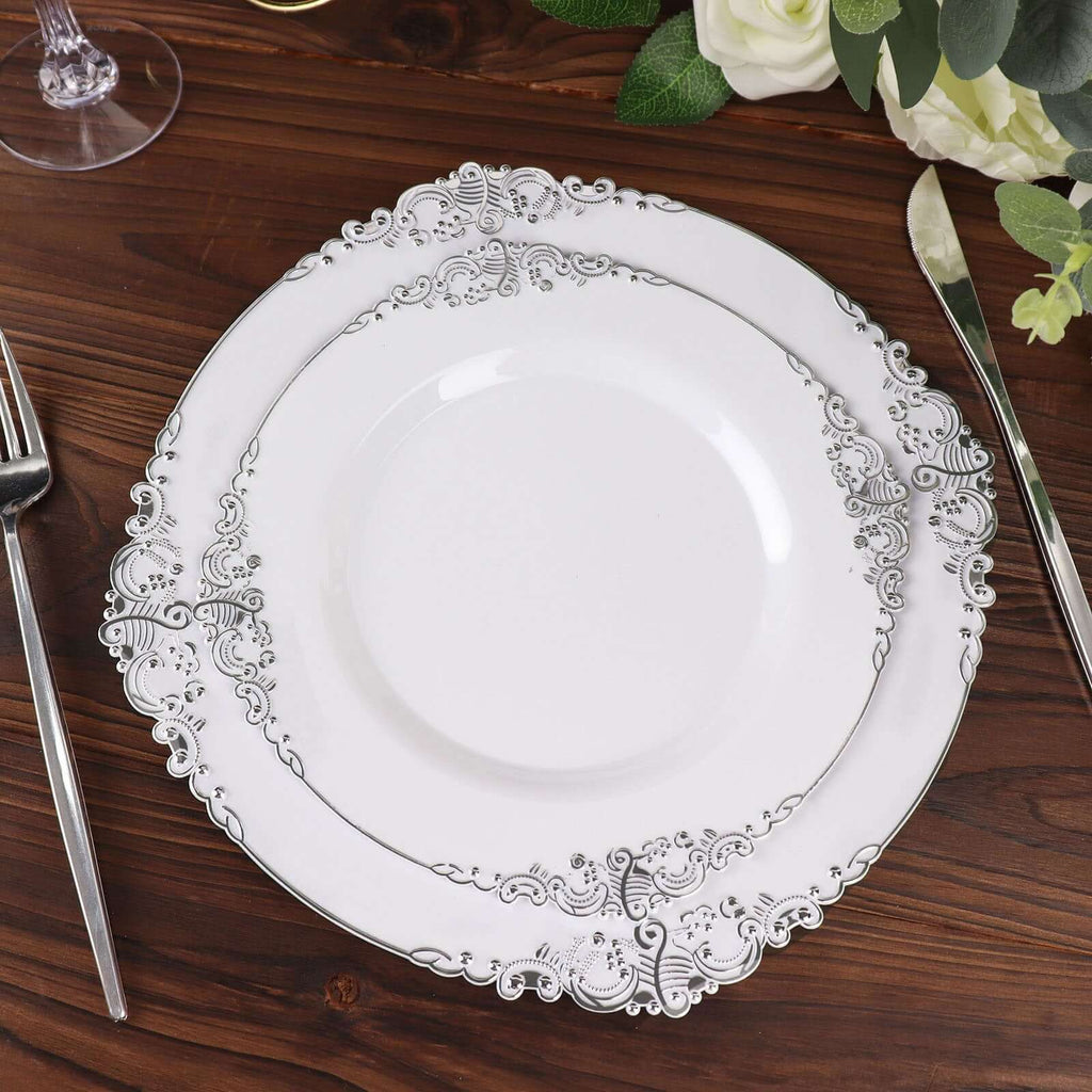 10 - Pack Plastic 8" Round Dessert Plates in White with Silver Leaf Embossed Rim - Disposable Vintage Baroque Style Salad Plates - Bell Racket Store