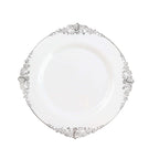 10 - Pack Plastic 8" Round Dessert Plates in White with Silver Leaf Embossed Rim - Disposable Vintage Baroque Style Salad Plates - Bell Racket Store
