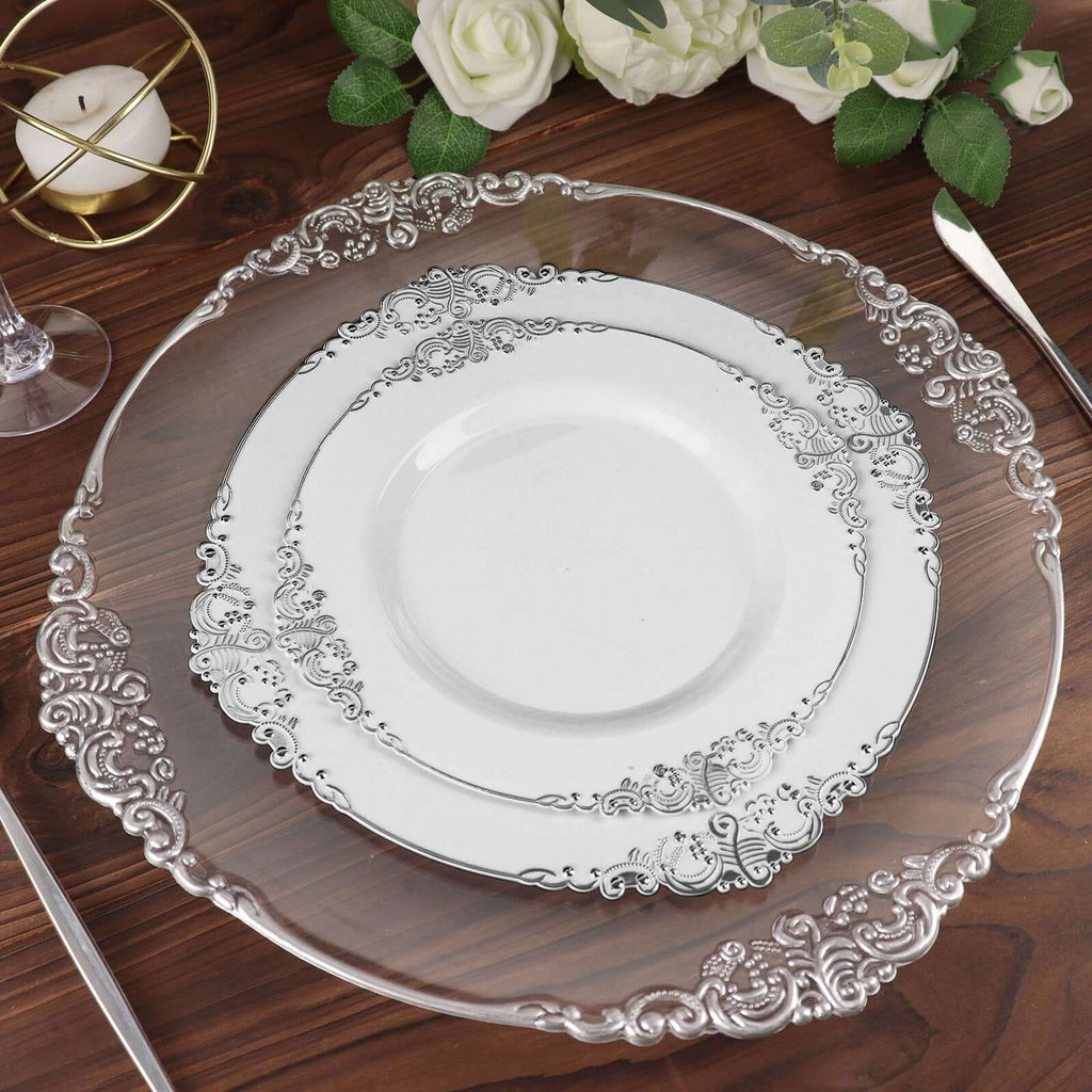 10 - Pack Plastic 8" Round Dessert Plates in White with Silver Leaf Embossed Rim - Disposable Vintage Baroque Style Salad Plates - Bell Racket Store
