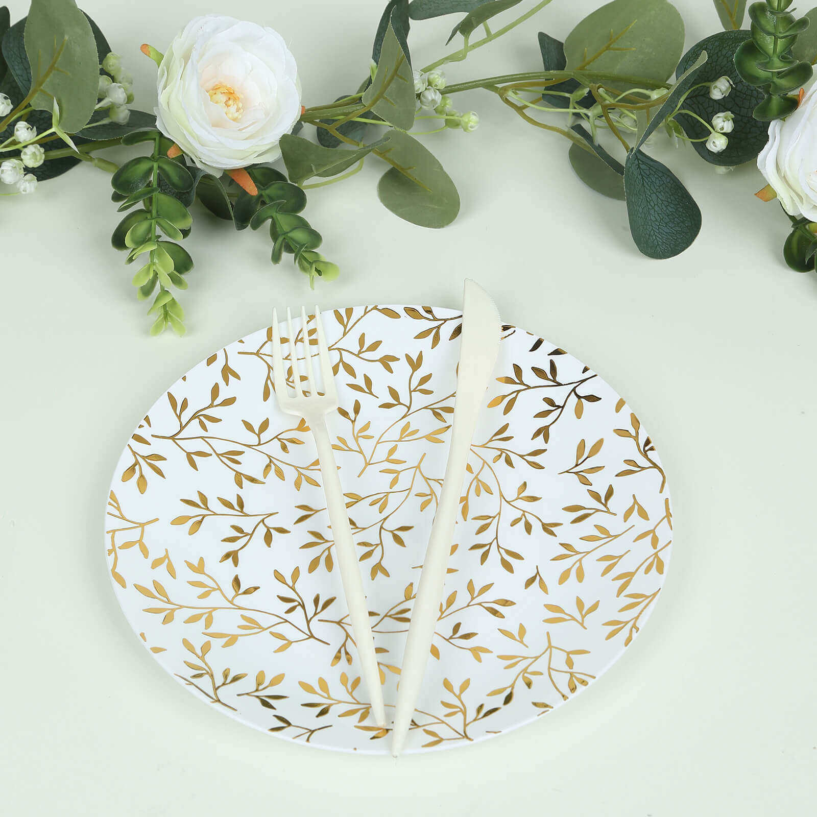 10 - Pack Plastic 8" Round Salad Dessert Plates in White with Gold Leaf Design - Heavy Duty Disposable Party Plates for Stylish Events & Memorable Gatherings - Bell Racket Store