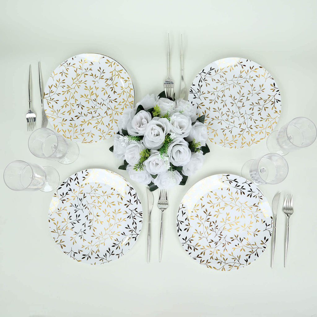 10 - Pack Plastic 8" Round Salad Dessert Plates in White with Gold Leaf Design - Heavy Duty Disposable Party Plates for Stylish Events & Memorable Gatherings - Bell Racket Store