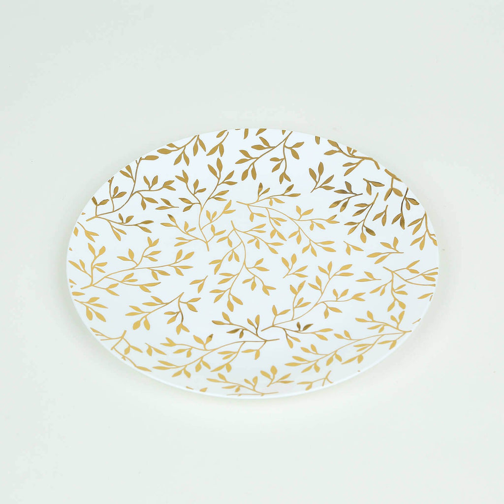 10 - Pack Plastic 8" Round Salad Dessert Plates in White with Gold Leaf Design - Heavy Duty Disposable Party Plates for Stylish Events & Memorable Gatherings - Bell Racket Store