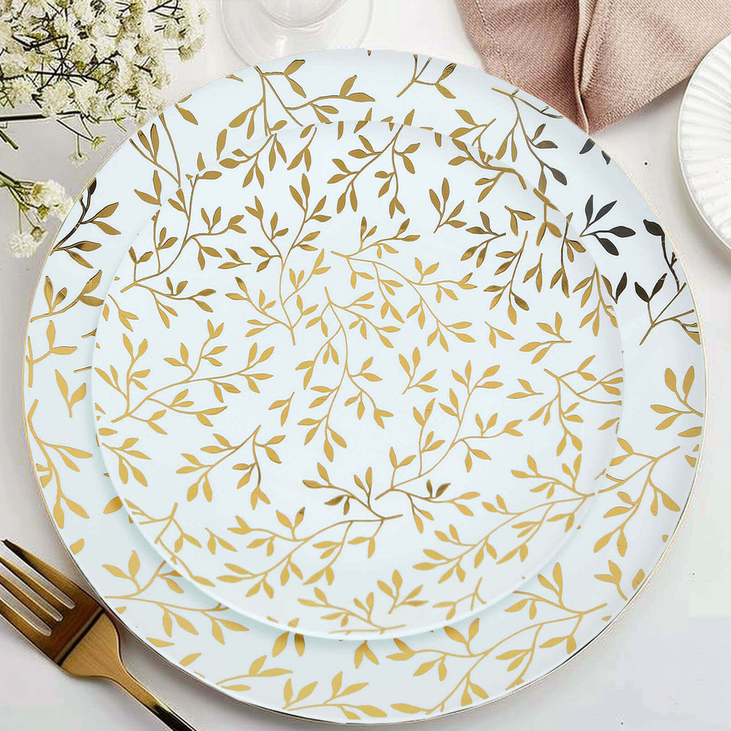 10 - Pack Plastic 8" Round Salad Dessert Plates in White with Gold Leaf Design - Heavy Duty Disposable Party Plates for Stylish Events & Memorable Gatherings - Bell Racket Store