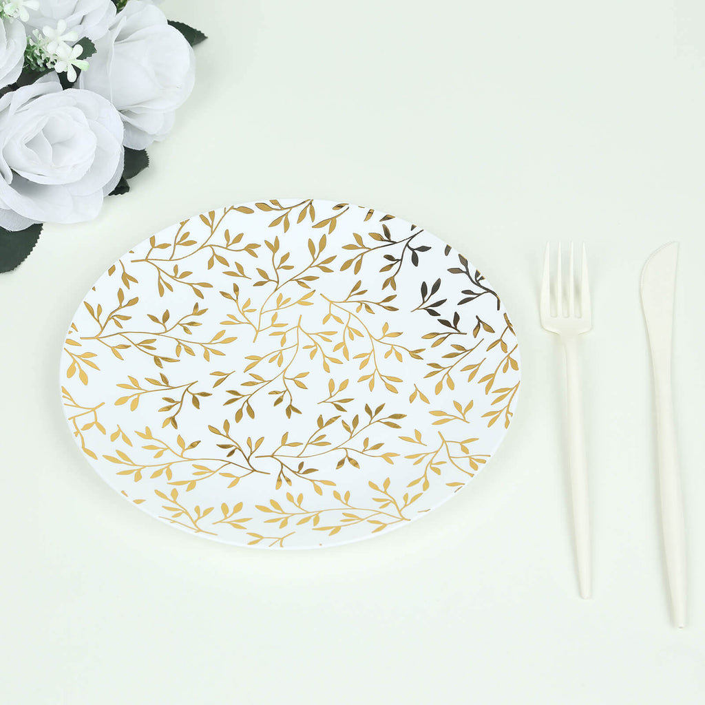 10 - Pack Plastic 8" Round Salad Dessert Plates in White with Gold Leaf Design - Heavy Duty Disposable Party Plates for Stylish Events & Memorable Gatherings - Bell Racket Store