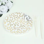 10 - Pack Plastic 8" Round Salad Dessert Plates in White with Gold Leaf Design - Heavy Duty Disposable Party Plates for Stylish Events & Memorable Gatherings - Bell Racket Store