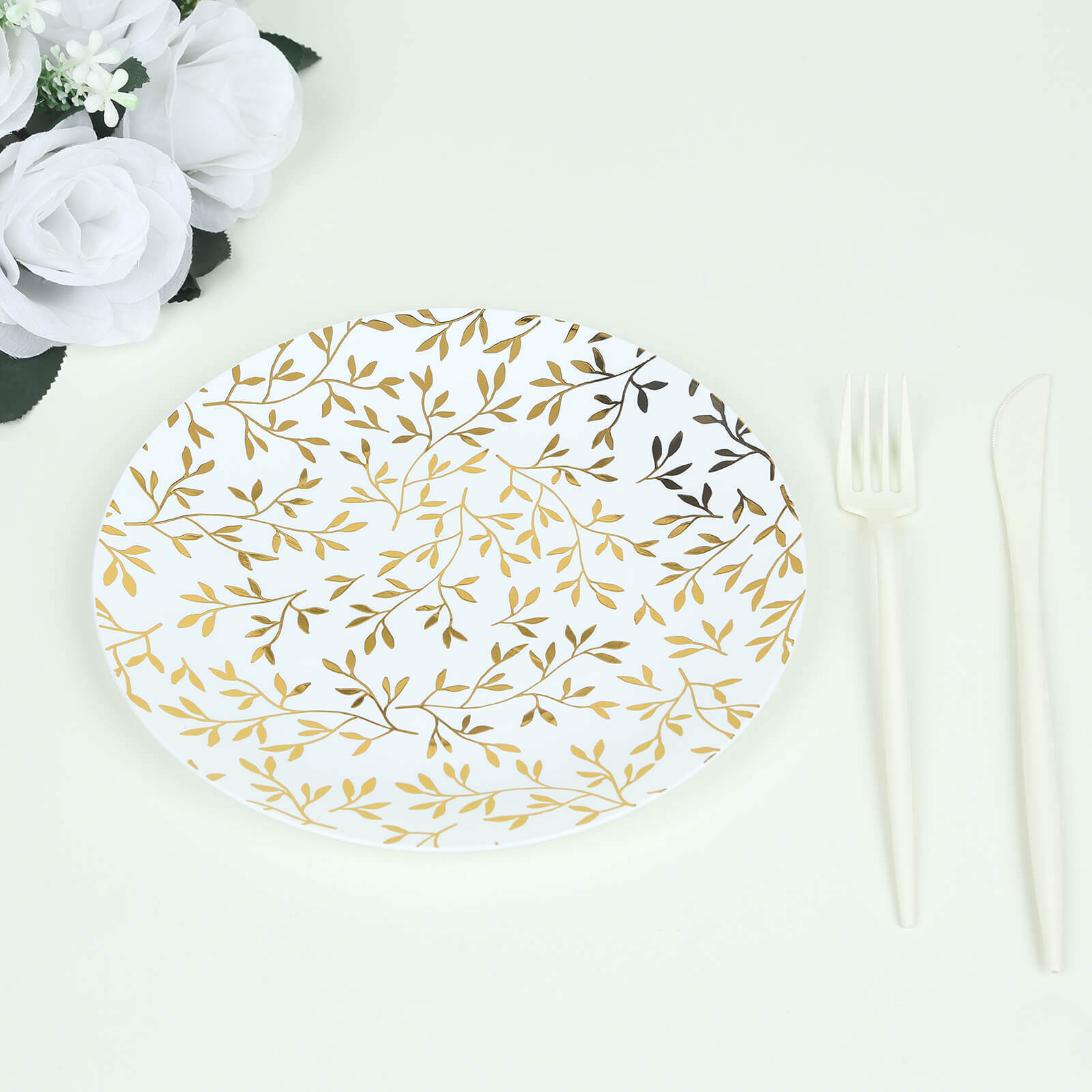 10 - Pack Plastic 8" Round Salad Dessert Plates in White with Gold Leaf Design - Heavy Duty Disposable Party Plates for Stylish Events & Memorable Gatherings - Bell Racket Store