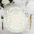 10 - Pack Plastic 8" Round Salad Dessert Plates in White with Gold Leaf Design - Heavy Duty Disposable Party Plates for Stylish Events & Memorable Gatherings - Bell Racket Store