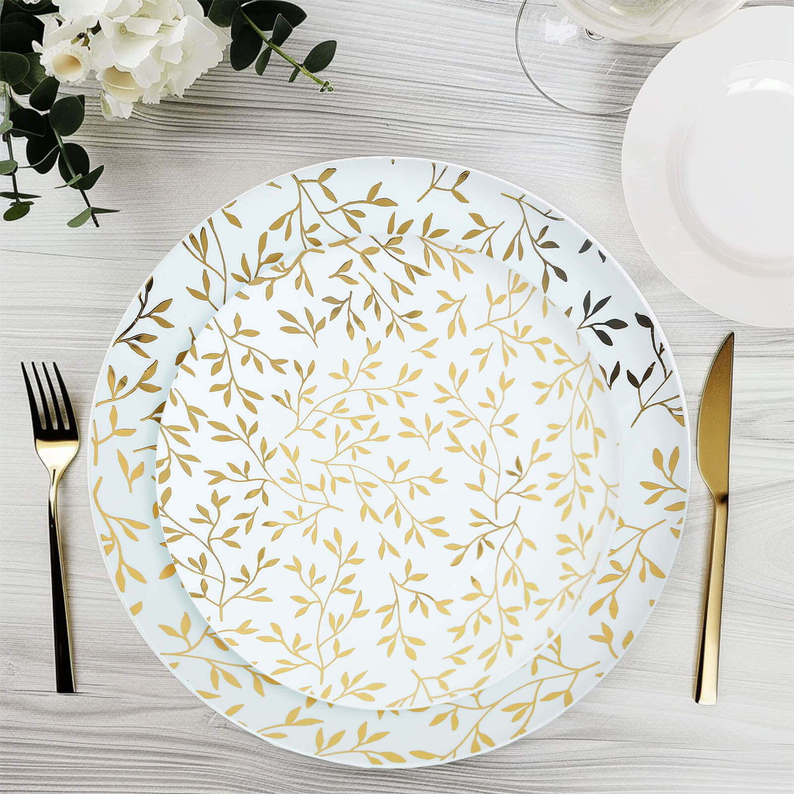 10 - Pack Plastic 8" Round Salad Dessert Plates in White with Gold Leaf Design - Heavy Duty Disposable Party Plates for Stylish Events & Memorable Gatherings - Bell Racket Store