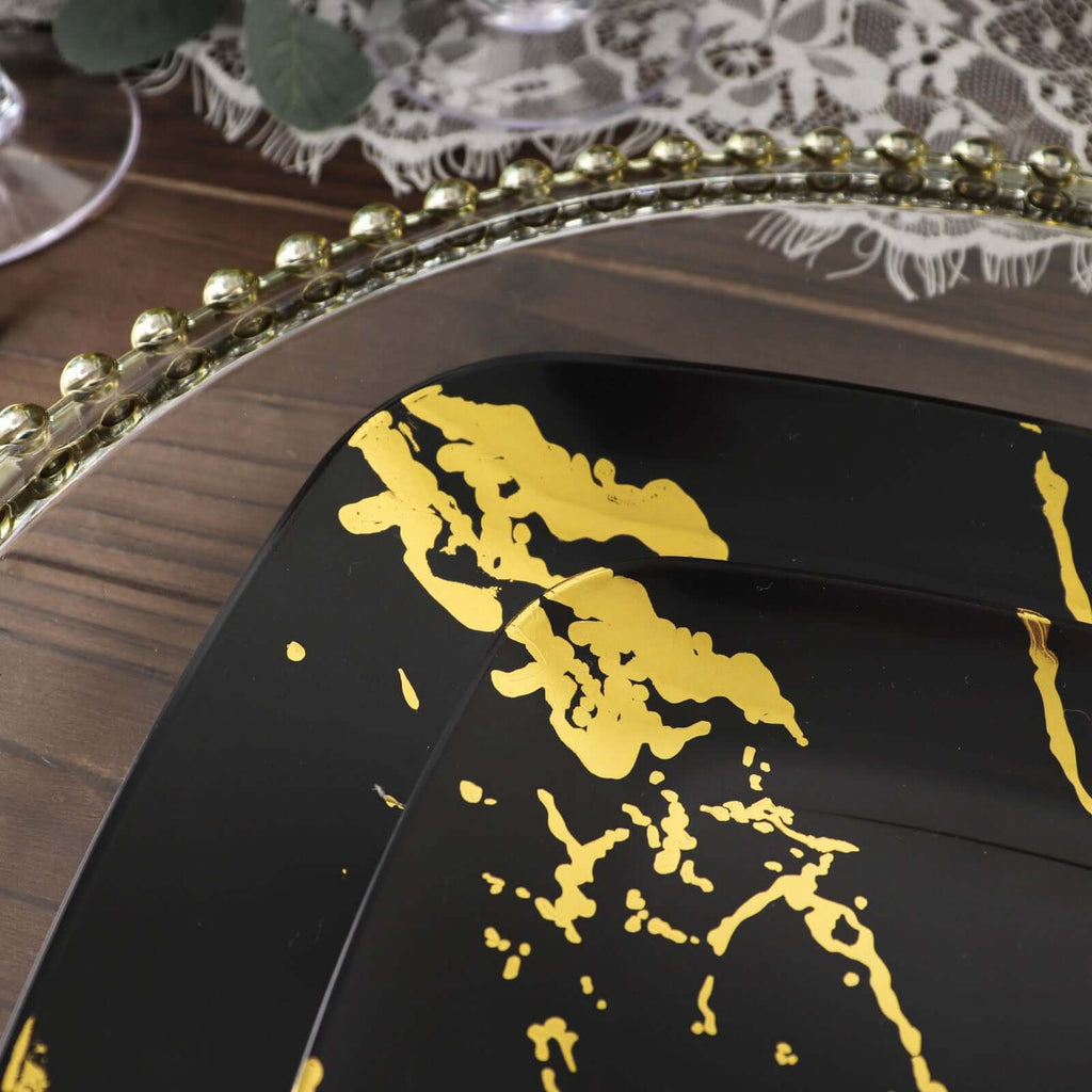 10 - Pack Plastic 8" Square Dessert Plates in Black with Gold Marble Design - Disposable Appetizer Salad Party Plates - Bell Racket Store