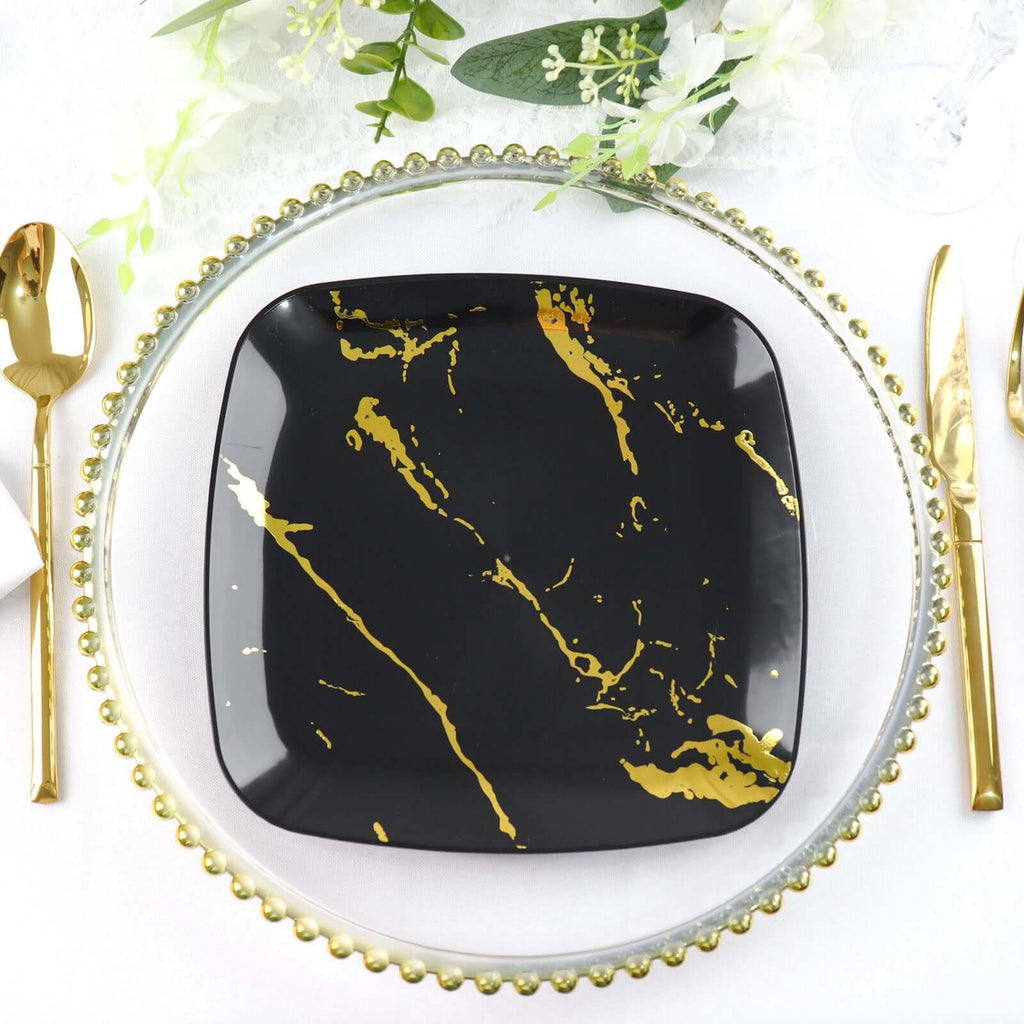 10 - Pack Plastic 8" Square Dessert Plates in Black with Gold Marble Design - Disposable Appetizer Salad Party Plates - Bell Racket Store