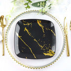 10 - Pack Plastic 8" Square Dessert Plates in Black with Gold Marble Design - Disposable Appetizer Salad Party Plates - Bell Racket Store
