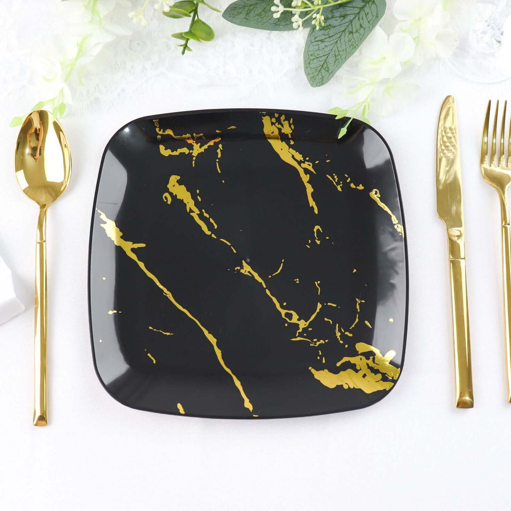 10 - Pack Plastic 8" Square Dessert Plates in Black with Gold Marble Design - Disposable Appetizer Salad Party Plates - Bell Racket Store