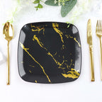 10 - Pack Plastic 8" Square Dessert Plates in Black with Gold Marble Design - Disposable Appetizer Salad Party Plates - Bell Racket Store