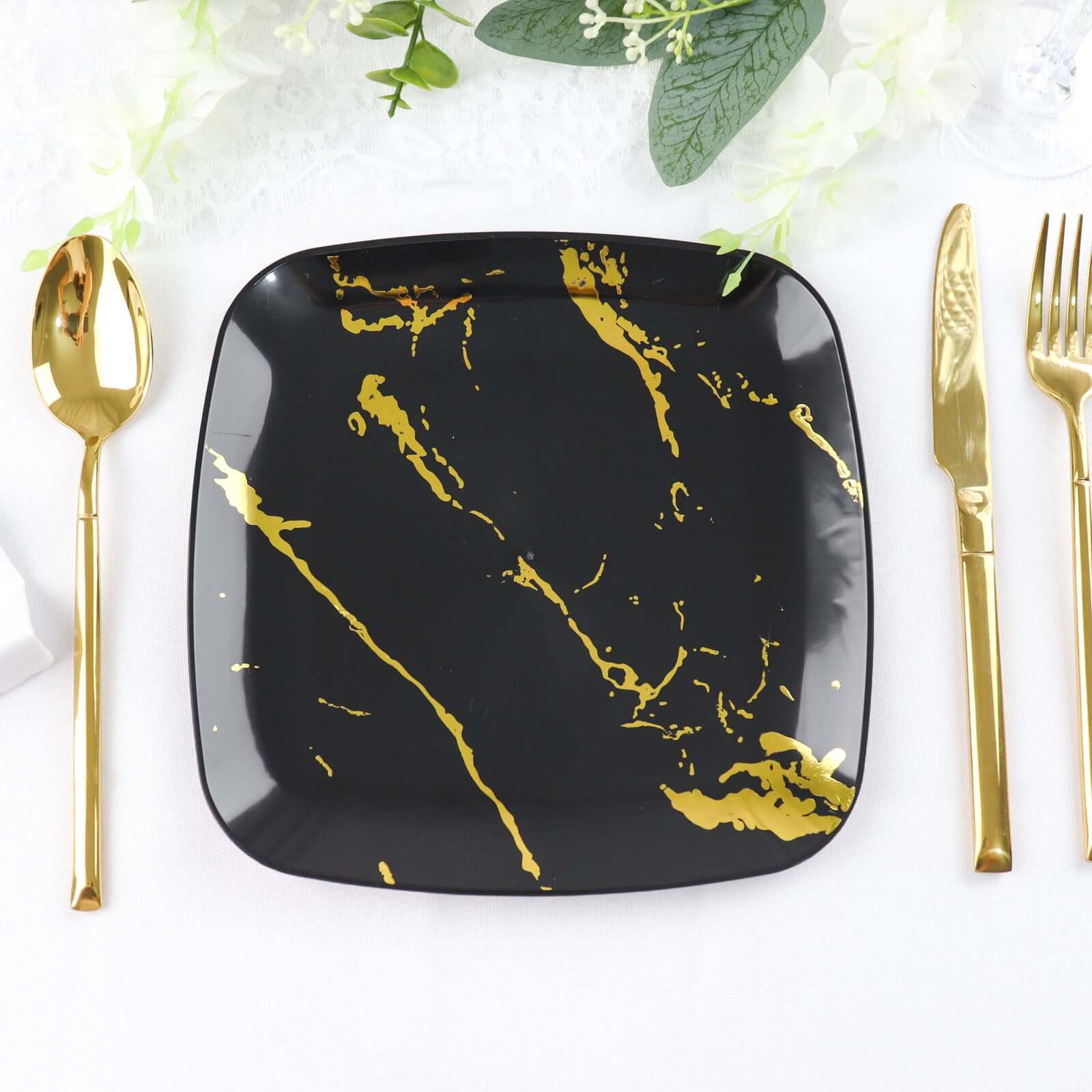 10 - Pack Plastic 8" Square Dessert Plates in Black with Gold Marble Design - Disposable Appetizer Salad Party Plates - Bell Racket Store