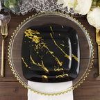 10 - Pack Plastic 8" Square Dessert Plates in Black with Gold Marble Design - Disposable Appetizer Salad Party Plates - Bell Racket Store
