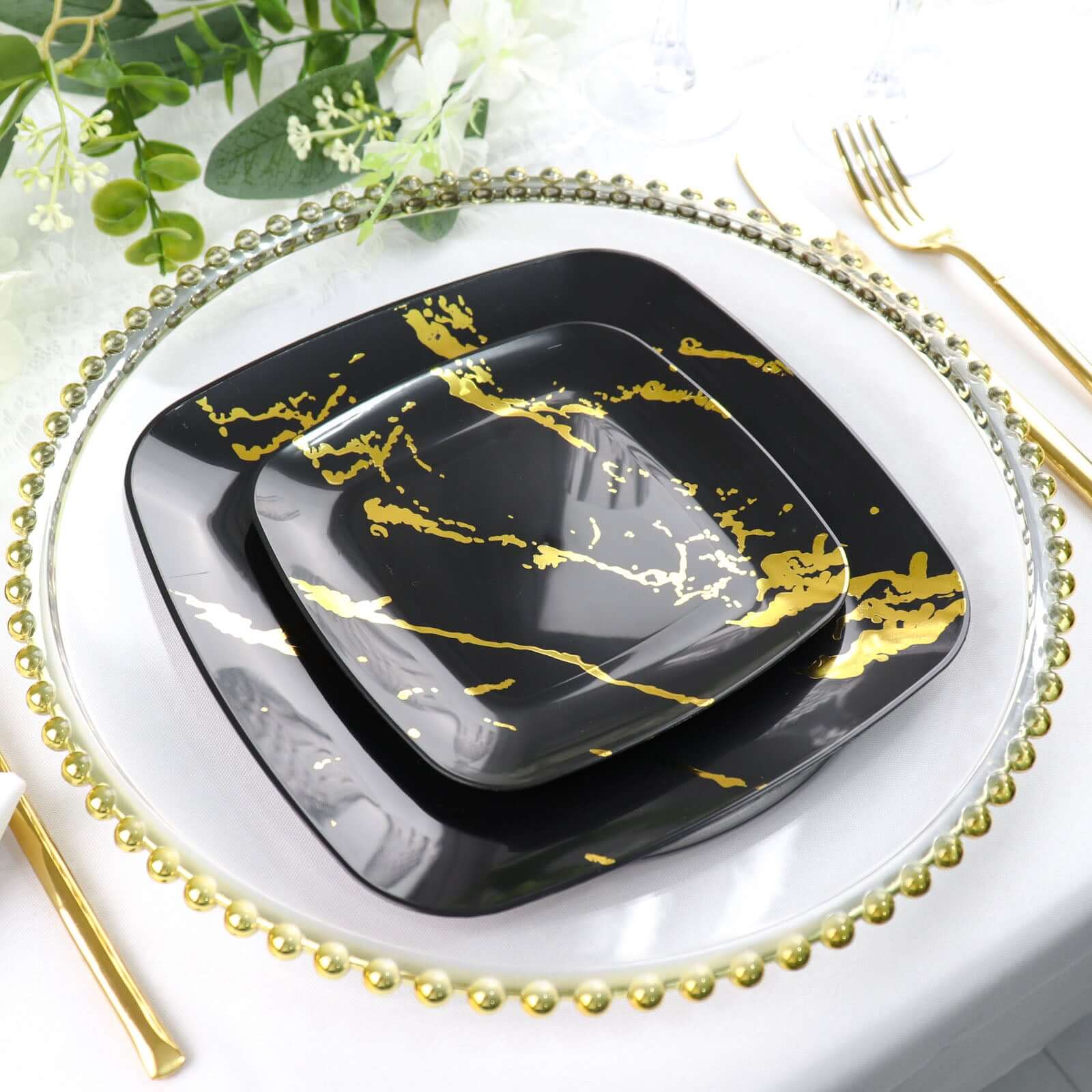 10 - Pack Plastic 8" Square Dessert Plates in Black with Gold Marble Design - Disposable Appetizer Salad Party Plates - Bell Racket Store