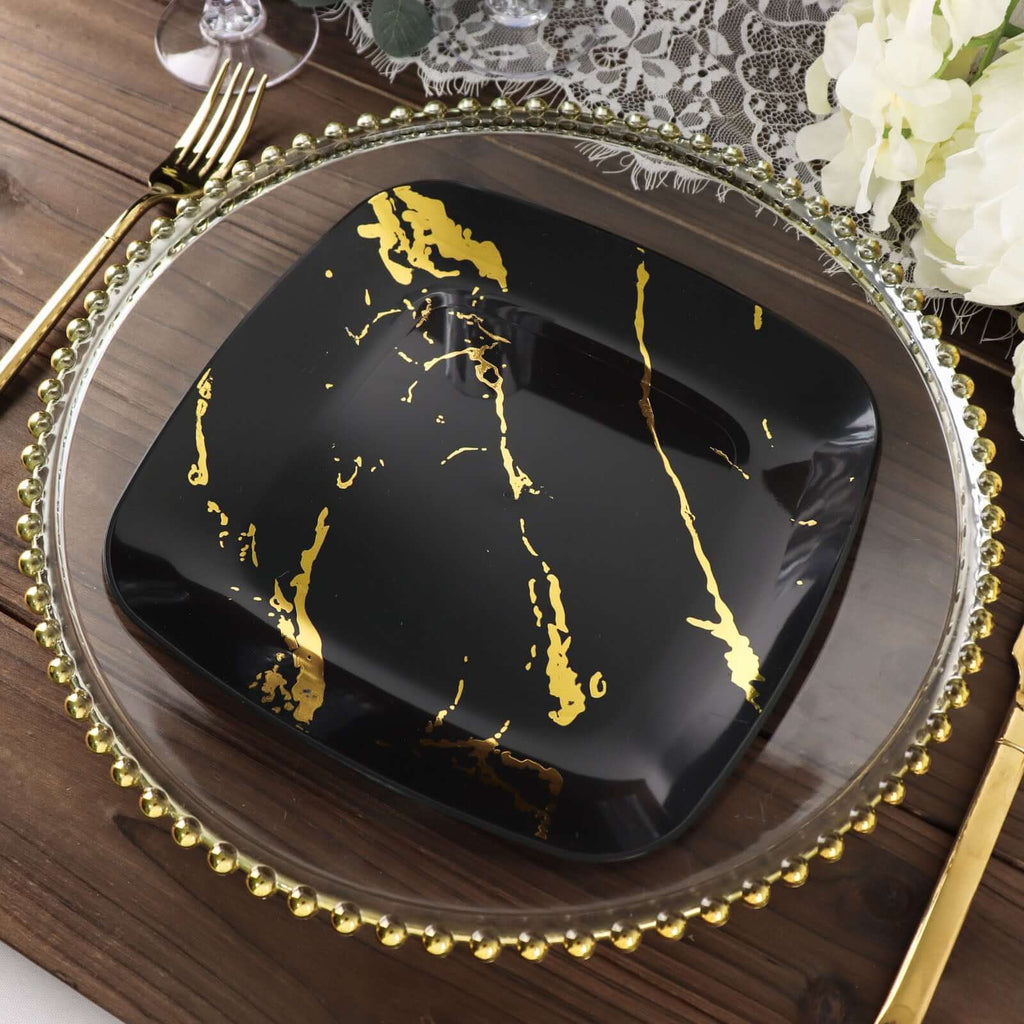 10 - Pack Plastic 8" Square Dessert Plates in Black with Gold Marble Design - Disposable Appetizer Salad Party Plates - Bell Racket Store