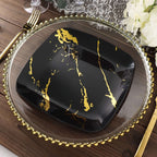 10 - Pack Plastic 8" Square Dessert Plates in Black with Gold Marble Design - Disposable Appetizer Salad Party Plates - Bell Racket Store