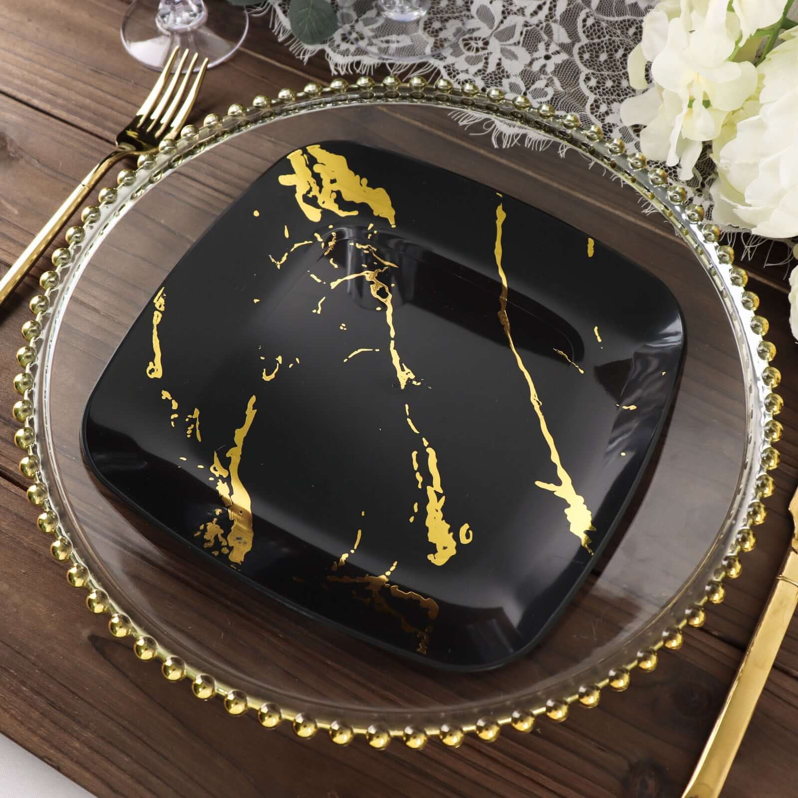10 - Pack Plastic 8" Square Dessert Plates in Black with Gold Marble Design - Disposable Appetizer Salad Party Plates - Bell Racket Store