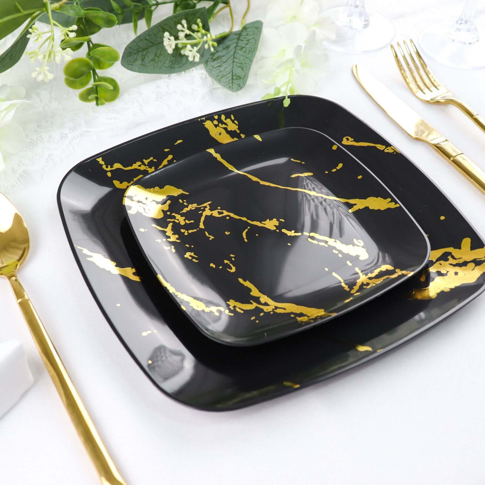 10 - Pack Plastic 8" Square Dessert Plates in Black with Gold Marble Design - Disposable Appetizer Salad Party Plates - Bell Racket Store