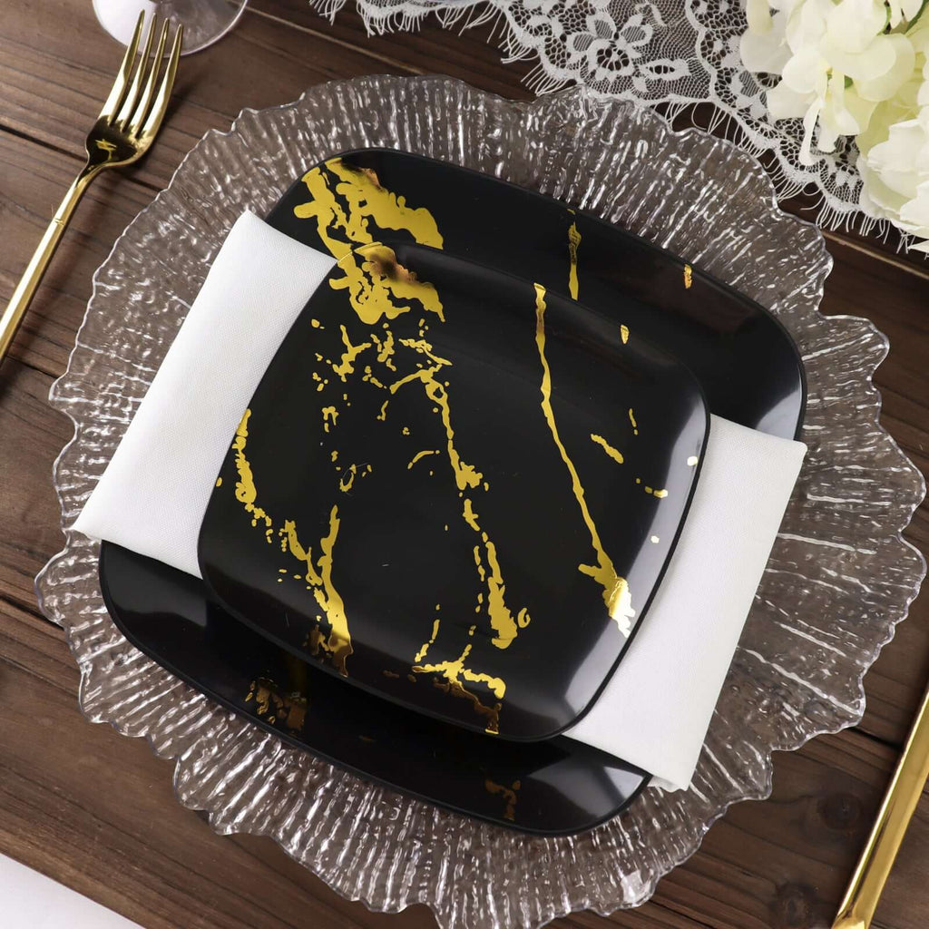 10 - Pack Plastic 8" Square Dessert Plates in Black with Gold Marble Design - Disposable Appetizer Salad Party Plates - Bell Racket Store