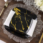 10 - Pack Plastic 8" Square Dessert Plates in Black with Gold Marble Design - Disposable Appetizer Salad Party Plates - Bell Racket Store