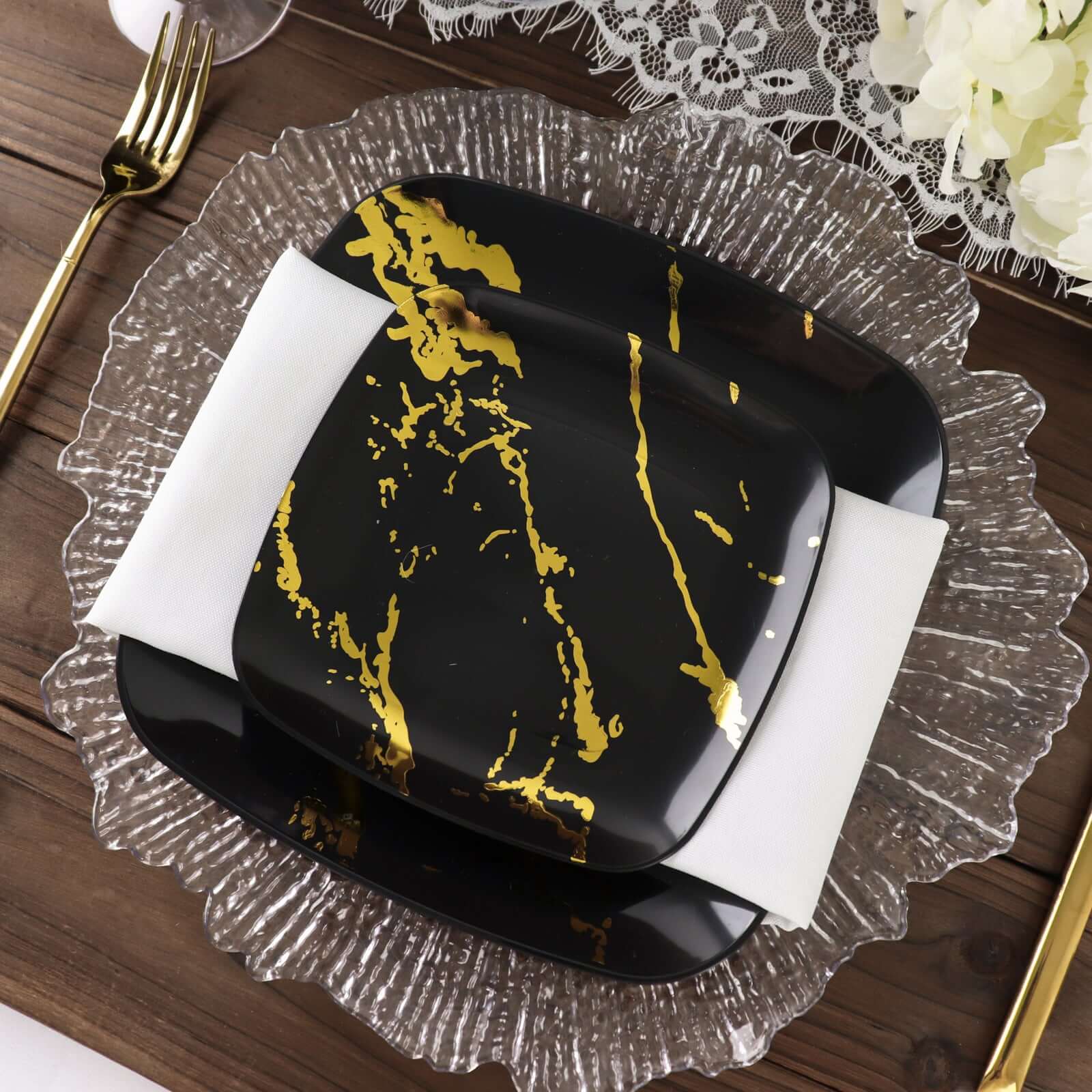 10 - Pack Plastic 8" Square Dessert Plates in Black with Gold Marble Design - Disposable Appetizer Salad Party Plates - Bell Racket Store