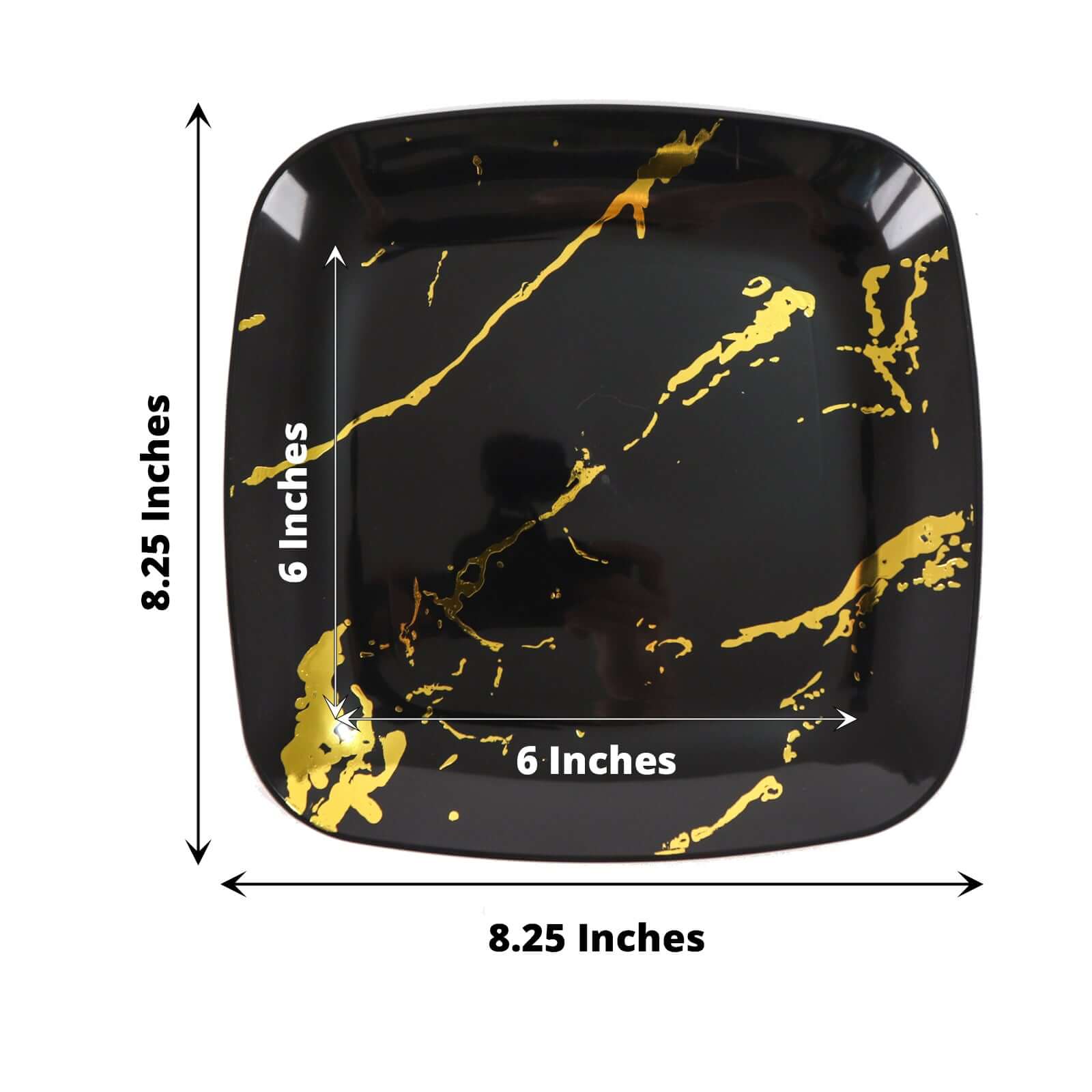 10 - Pack Plastic 8" Square Dessert Plates in Black with Gold Marble Design - Disposable Appetizer Salad Party Plates - Bell Racket Store