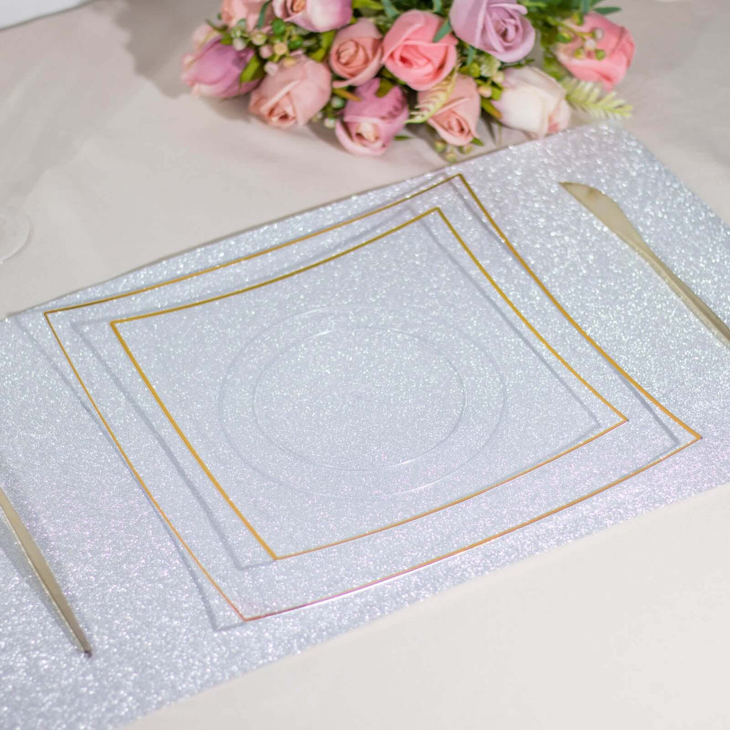 10 - Pack Plastic 8" Square Dessert Plates in Clear Concave Style with Gold Rim - Modern Disposable Salad Appetizer Party Plates - Bell Racket Store