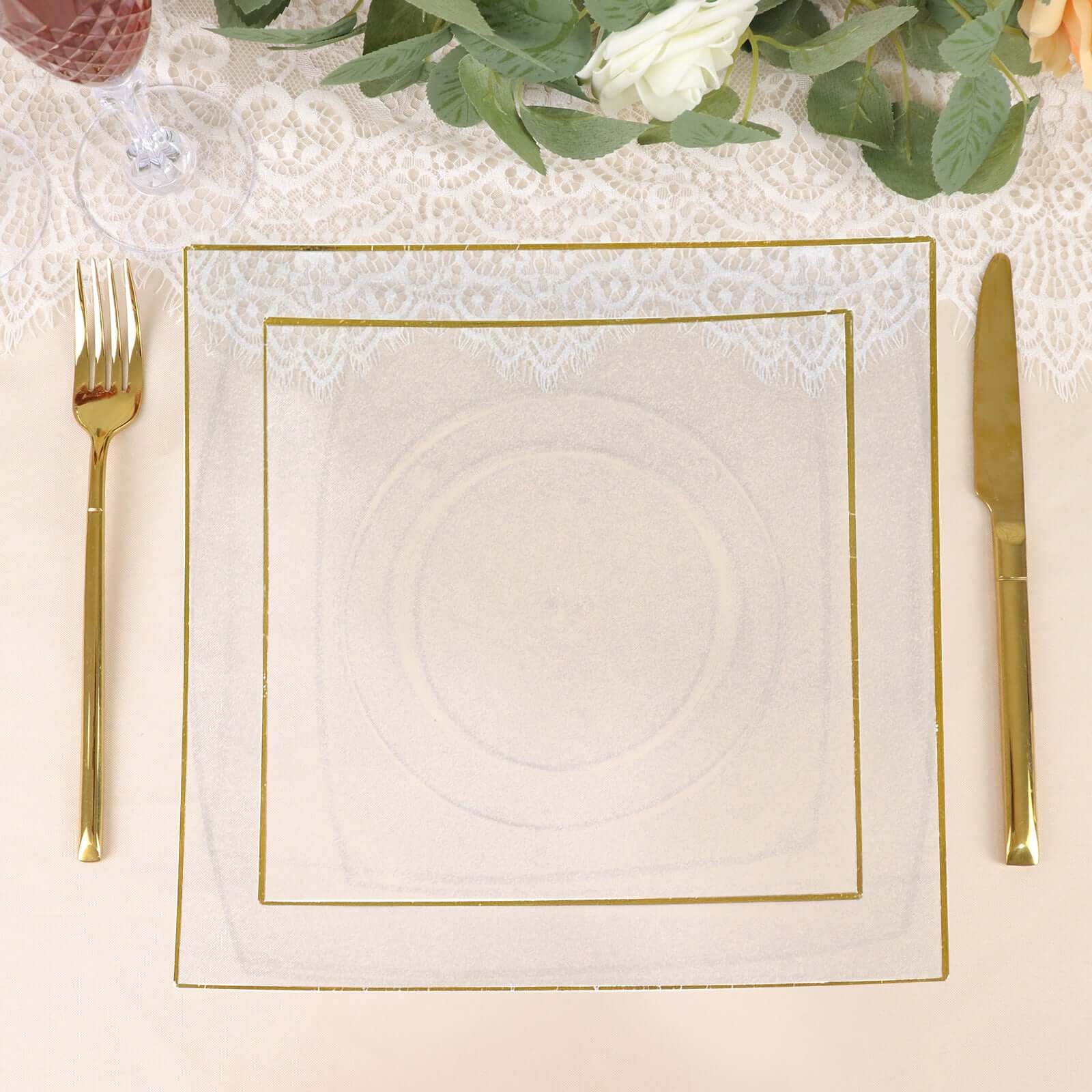 10 - Pack Plastic 8" Square Dessert Plates in Clear Concave Style with Gold Rim - Modern Disposable Salad Appetizer Party Plates - Bell Racket Store