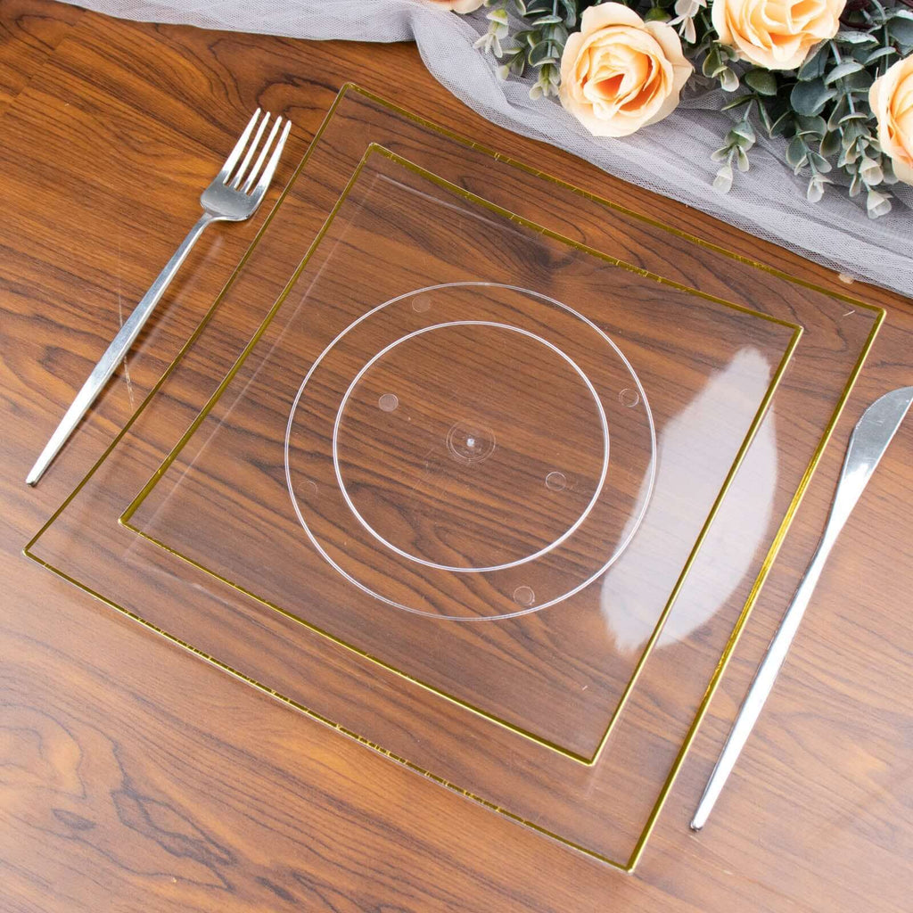 10 - Pack Plastic 8" Square Dessert Plates in Clear Concave Style with Gold Rim - Modern Disposable Salad Appetizer Party Plates - Bell Racket Store