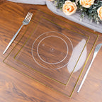 10 - Pack Plastic 8" Square Dessert Plates in Clear Concave Style with Gold Rim - Modern Disposable Salad Appetizer Party Plates - Bell Racket Store