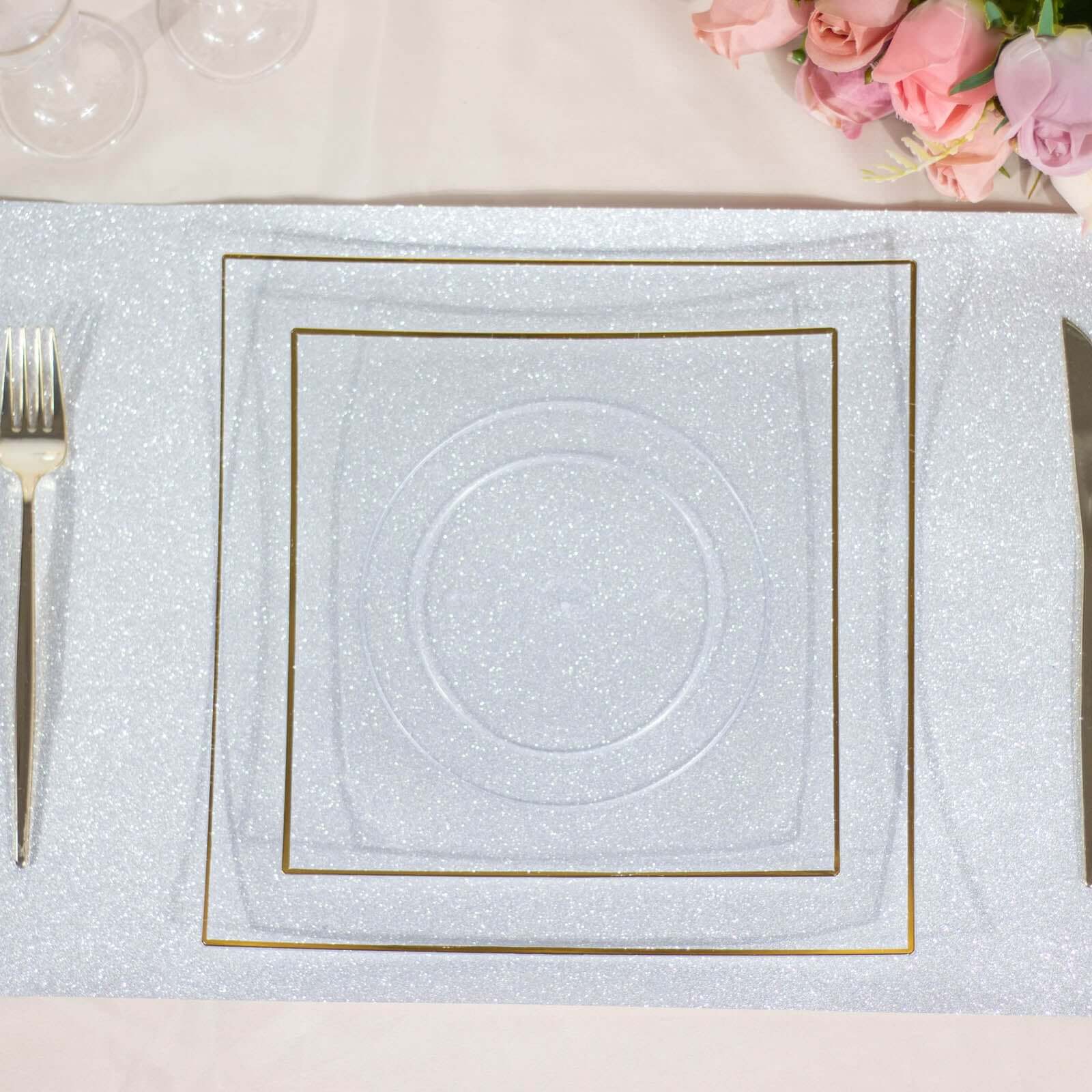 10 - Pack Plastic 8" Square Dessert Plates in Clear Concave Style with Gold Rim - Modern Disposable Salad Appetizer Party Plates - Bell Racket Store