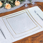 10 - Pack Plastic 8" Square Dessert Plates in Clear Concave Style with Gold Rim - Modern Disposable Salad Appetizer Party Plates - Bell Racket Store