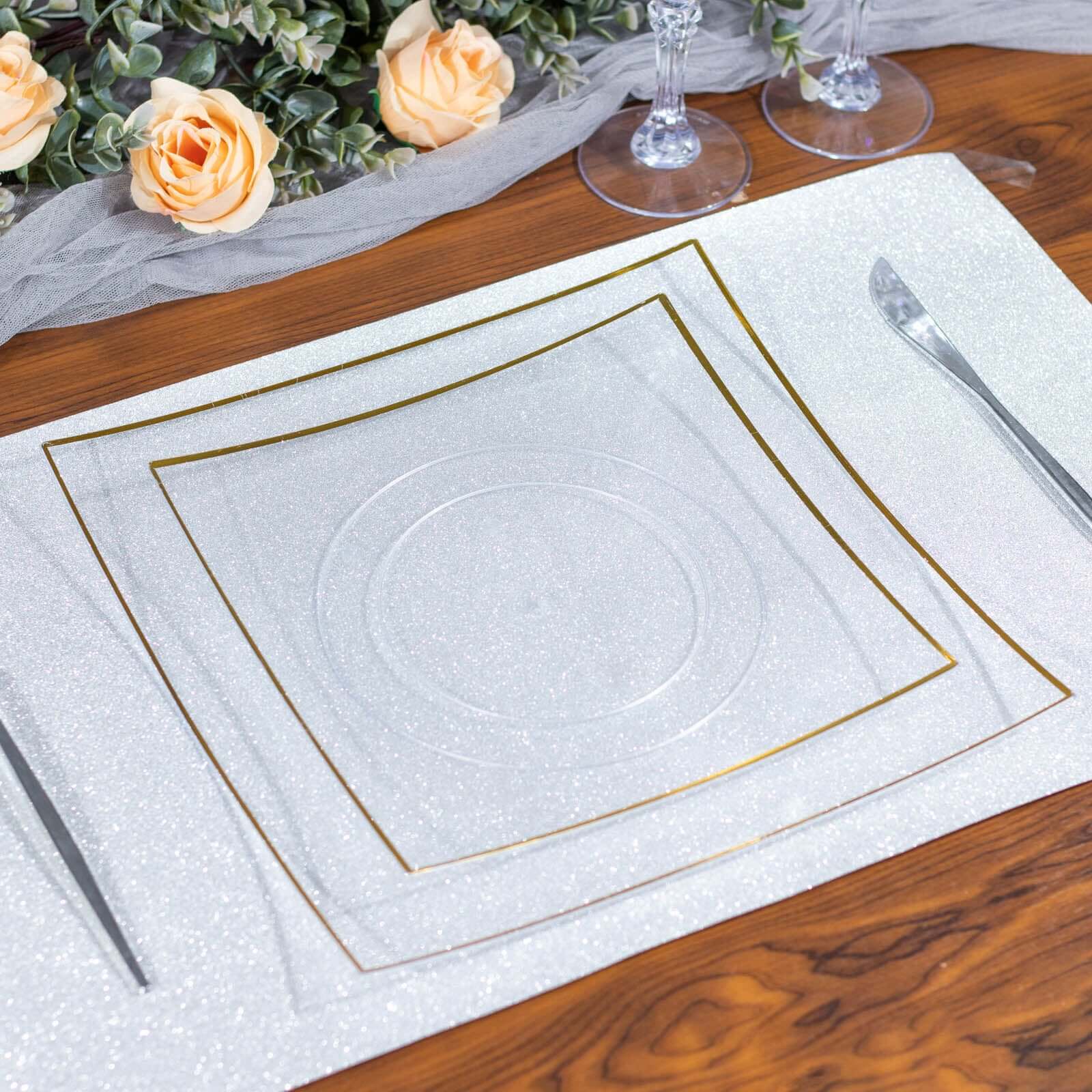 10 - Pack Plastic 8" Square Dessert Plates in Clear Concave Style with Gold Rim - Modern Disposable Salad Appetizer Party Plates - Bell Racket Store