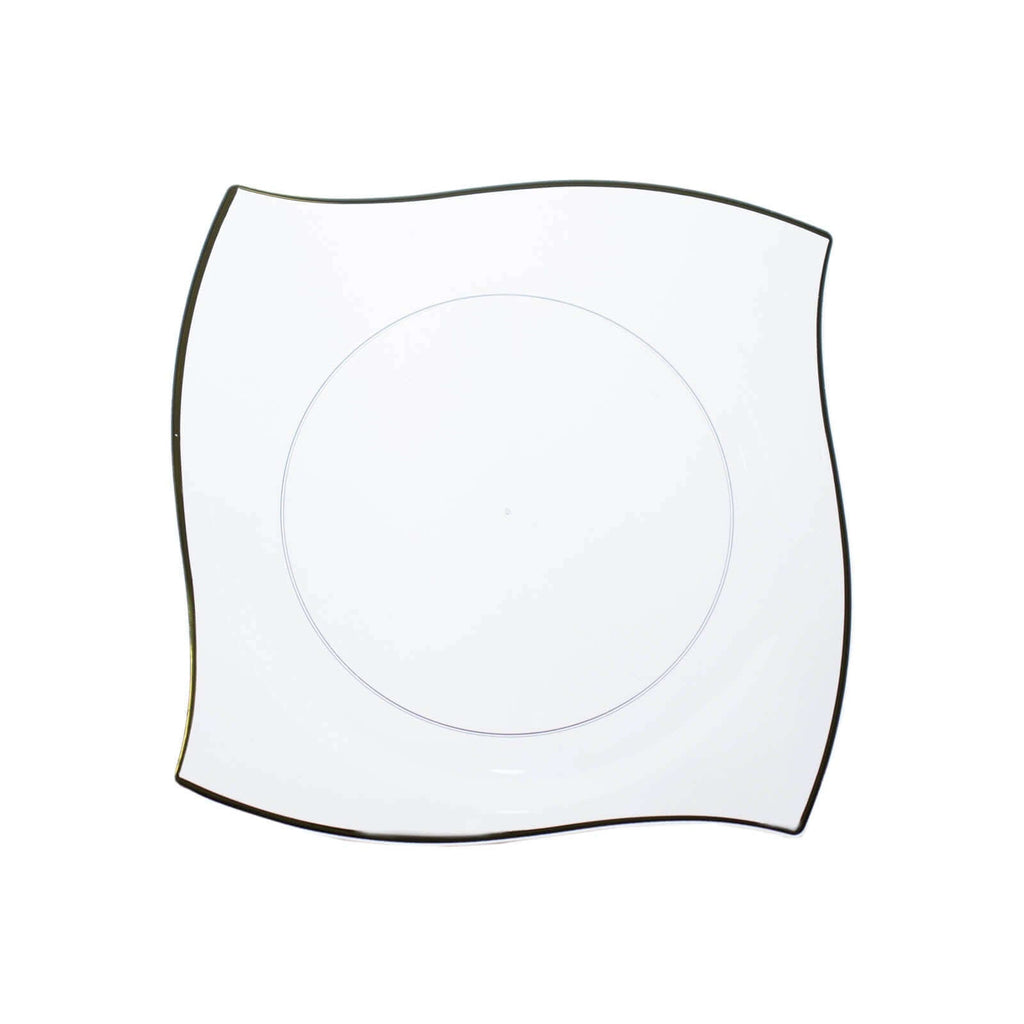 10 - Pack Plastic 8" Square Dessert Plates in Clear with Gold Wavy Rim Modern - Disposable Salad Appetizer Party Plates - Bell Racket Store