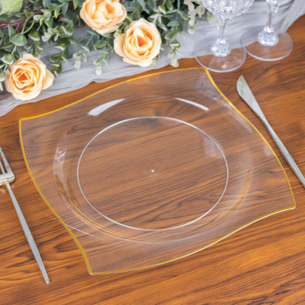 10 - Pack Plastic 8" Square Dessert Plates in Clear with Gold Wavy Rim Modern - Disposable Salad Appetizer Party Plates - Bell Racket Store