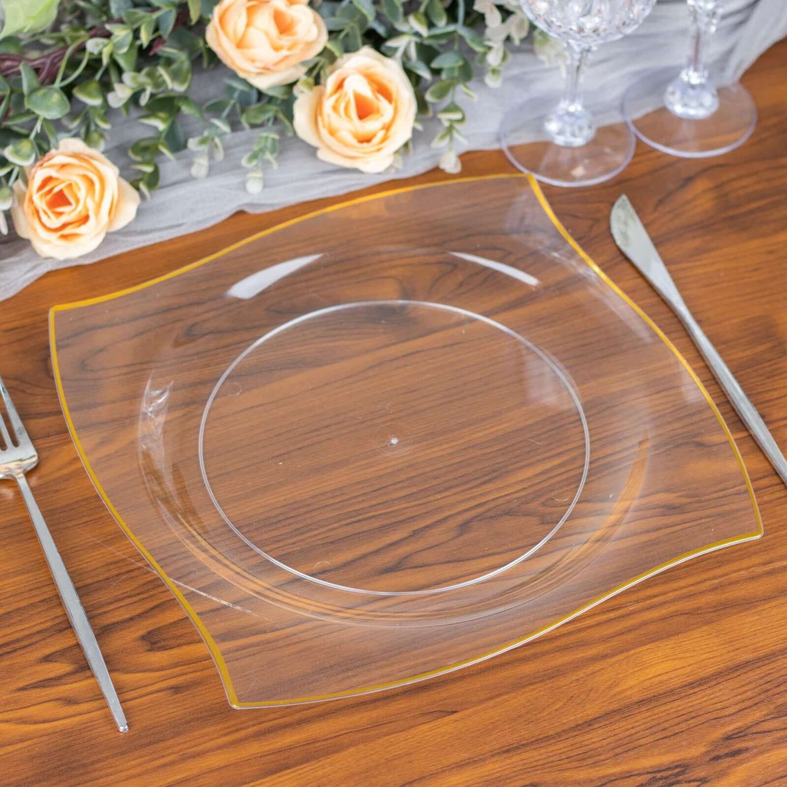 10 - Pack Plastic 8" Square Dessert Plates in Clear with Gold Wavy Rim Modern - Disposable Salad Appetizer Party Plates - Bell Racket Store