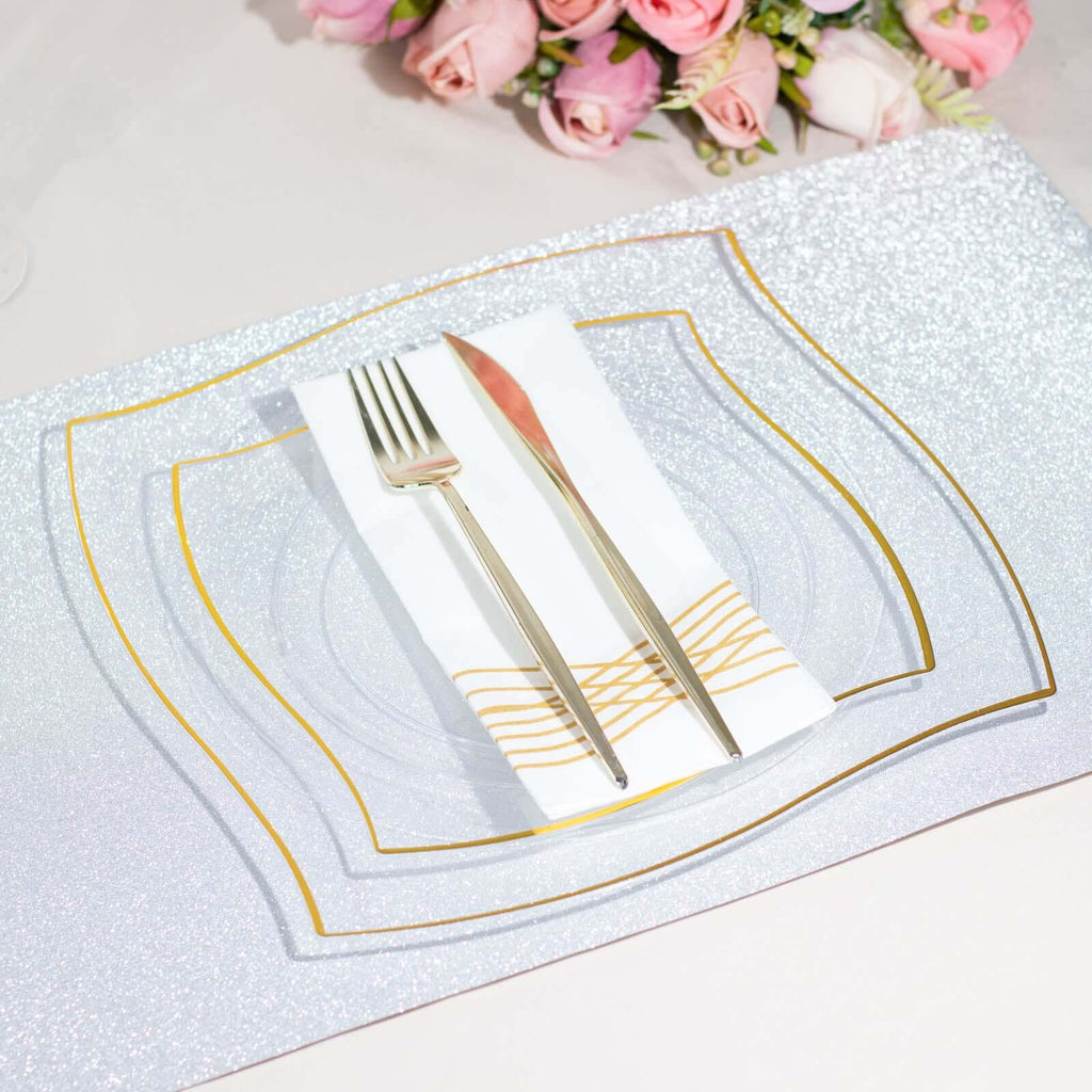 10 - Pack Plastic 8" Square Dessert Plates in Clear with Gold Wavy Rim Modern - Disposable Salad Appetizer Party Plates - Bell Racket Store