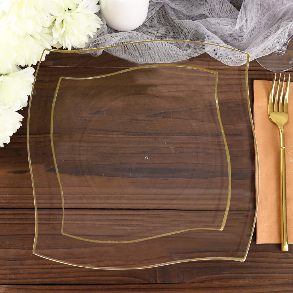 10 - Pack Plastic 8" Square Dessert Plates in Clear with Gold Wavy Rim Modern - Disposable Salad Appetizer Party Plates - Bell Racket Store