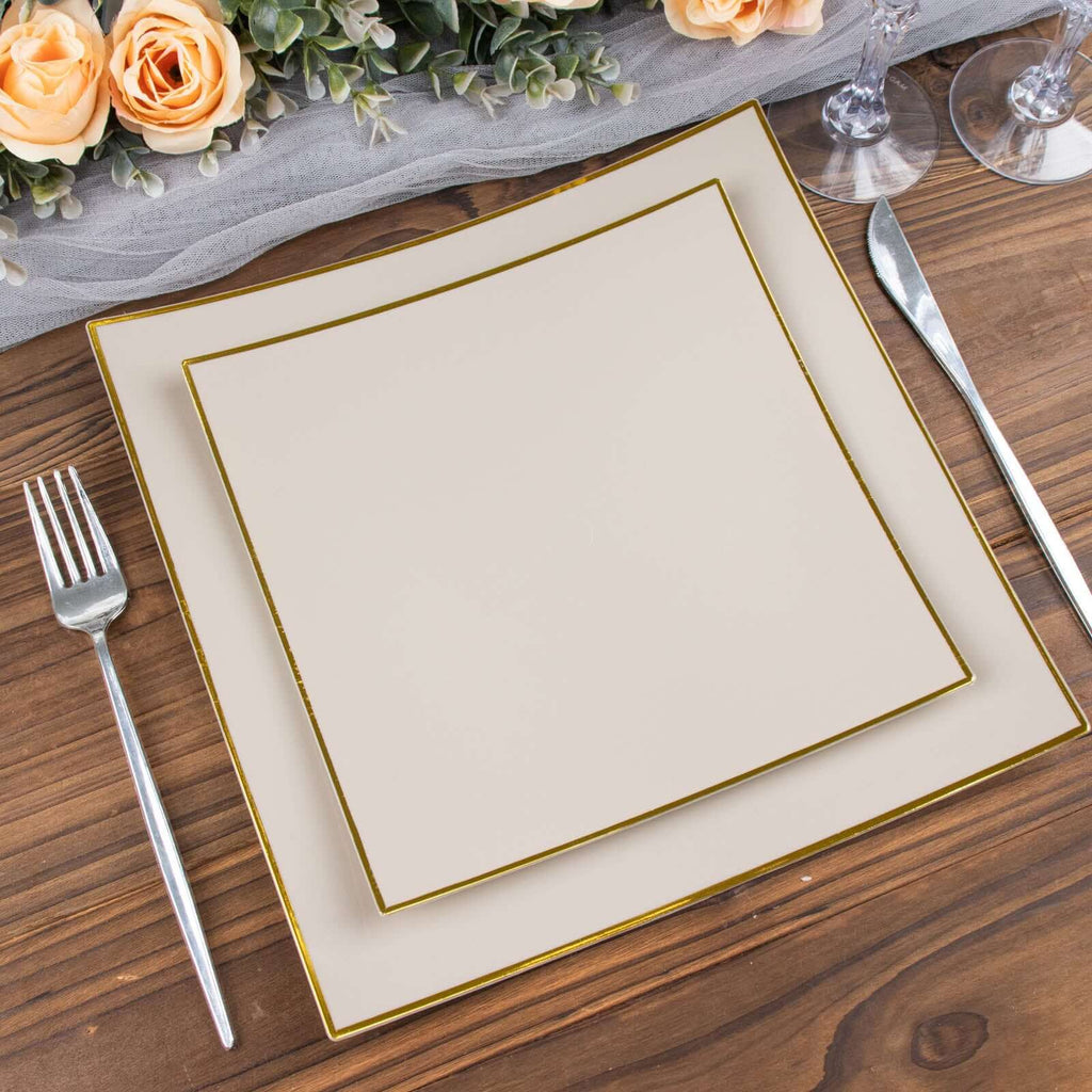 10 - Pack Plastic 8" Square Dessert Plates in Taupe Concave Style with Gold Rim - Modern Disposable Salad Appetizer Party Plates - Bell Racket Store