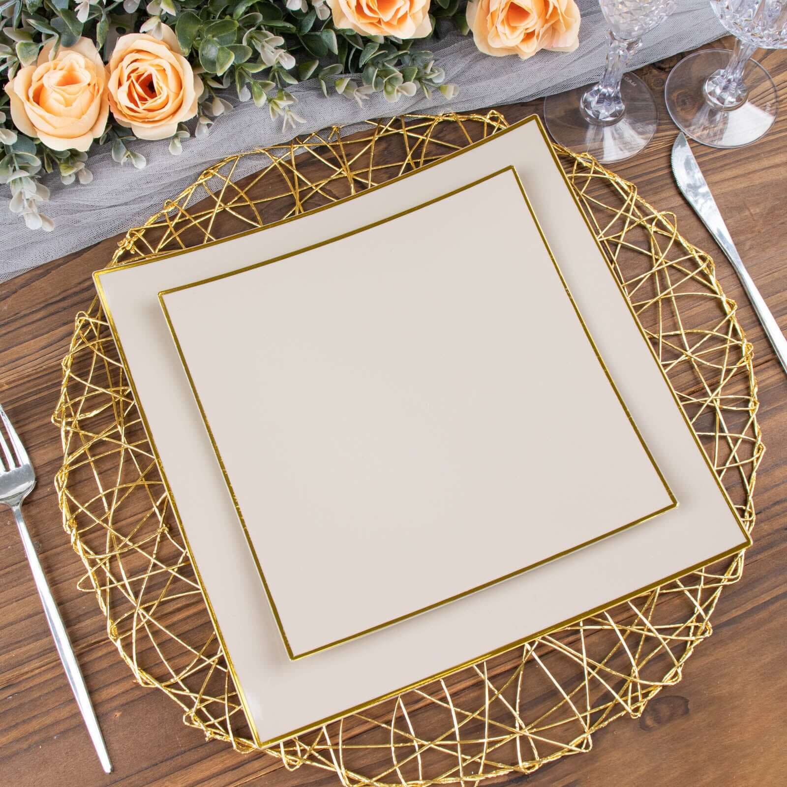 10 - Pack Plastic 8" Square Dessert Plates in Taupe Concave Style with Gold Rim - Modern Disposable Salad Appetizer Party Plates - Bell Racket Store