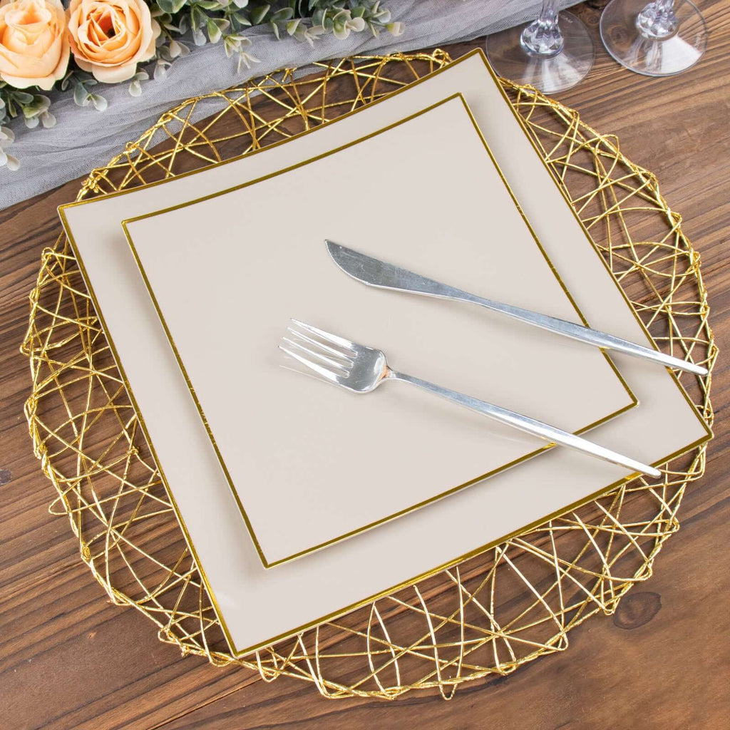 10 - Pack Plastic 8" Square Dessert Plates in Taupe Concave Style with Gold Rim - Modern Disposable Salad Appetizer Party Plates - Bell Racket Store