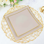 10 - Pack Plastic 8" Square Dessert Plates in Taupe Concave Style with Gold Rim - Modern Disposable Salad Appetizer Party Plates - Bell Racket Store