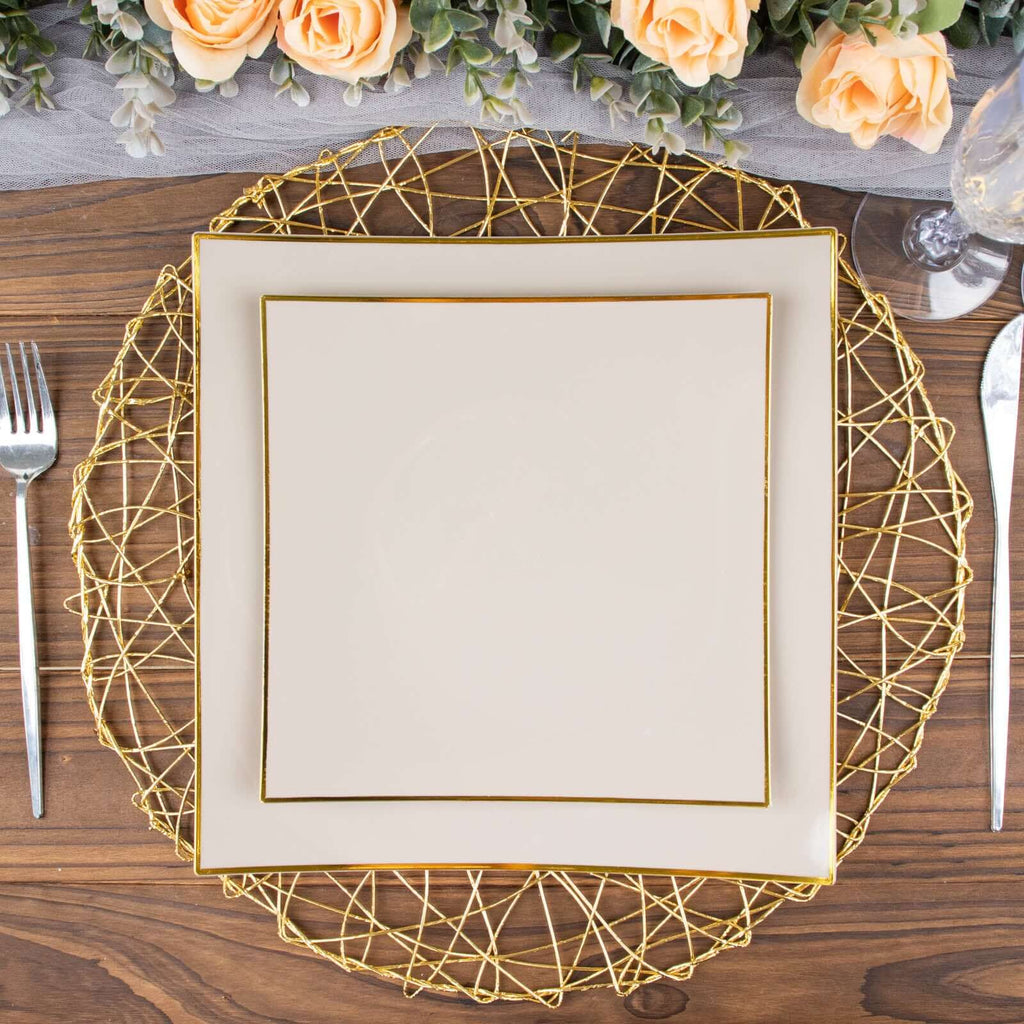 10 - Pack Plastic 8" Square Dessert Plates in Taupe Concave Style with Gold Rim - Modern Disposable Salad Appetizer Party Plates - Bell Racket Store