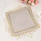 10 - Pack Plastic 8" Square Dessert Plates in Taupe Concave Style with Gold Rim - Modern Disposable Salad Appetizer Party Plates - Bell Racket Store